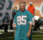 FILE - In this Dec. 16, 2012, file photo, Nick Buoniconti, former Miami Dolphins player and member of the 1972 undefeated team, in introduced during the half time show of an NFL football game against the Jacksonville Jaguars, in Miami. Pro Football Hall of Fame middle linebacker Nick Buoniconti, an undersized overachiever who helped lead the Miami Dolphins to the NFL's only perfect season, has died at the age of 78. Bruce Bobbins, a spokesman for the Buoniconti family, said he died Tuesday, July 30, 2019, in Bridgehampton, N.Y. (AP Photo/John Bazemore, FIle)