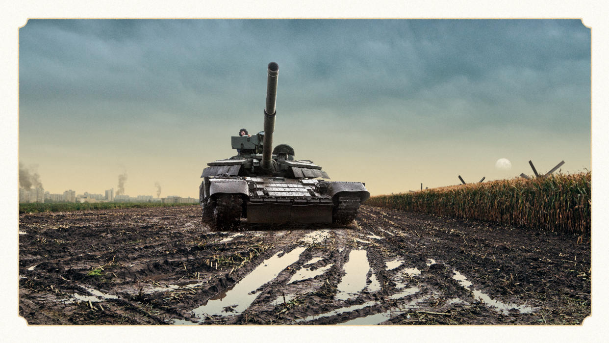  Photo composite of a Ukrainian tank on the outskirts of Kharkiv. 