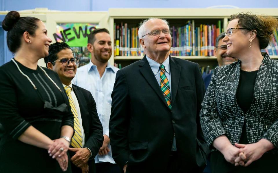 David Lawrence Jr., center, reacts during a press conference where Governor Ron DeSantis (not photographed) signed bills revamping Florida’s literacy and early childhood learning in West Miami Middle School in Miami, Florida, on May 4, 2021.