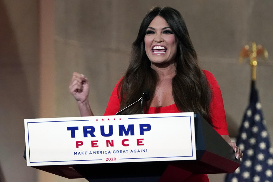 FILE - In this Aug. 24, 2020, file photo Kimberly Guilfoyle speaks as she tapes her speech for the first day of the Republican National Convention from the Andrew W. Mellon Auditorium in Washington. The Republican National Convention last month featured relentless attacks on Democrats, mirroring what's playing out in the state. Despite California's vast wealth "Democrats turned it into a land of discarded heroin needles in parks, riots in streets and blackouts in homes," Guilfoyle, the governor's former wife, said in her convention speech. (AP Photo/Susan Walsh, File)