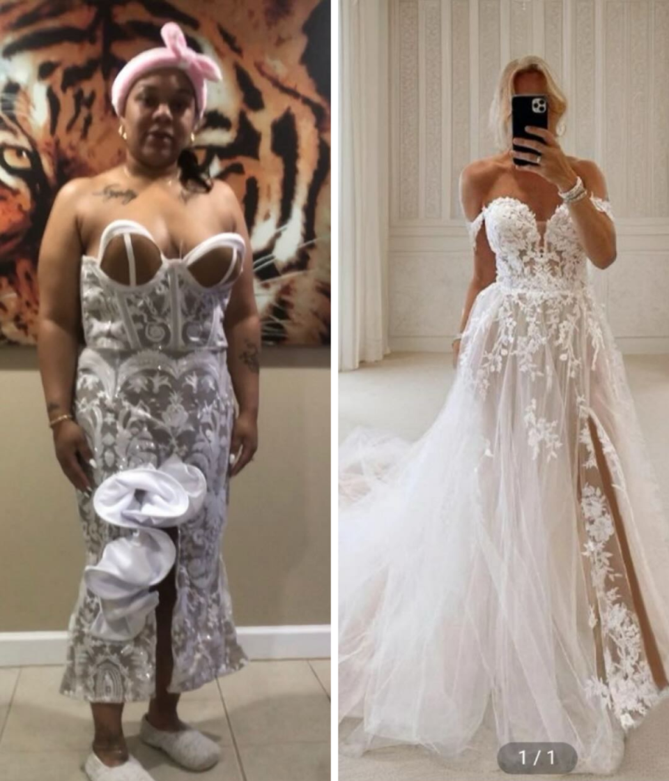 Two photos of brides wearing wedding dresses