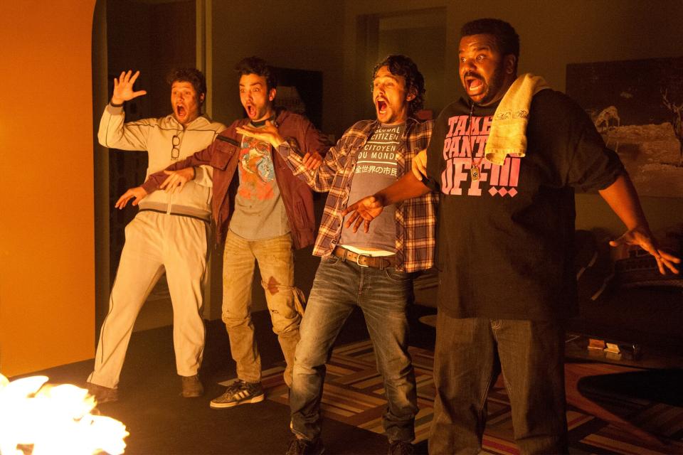 THIS IS THE END, from left: Seth Rogen, Jay Baruchel, James Franco, Craig Robinson, 2013.