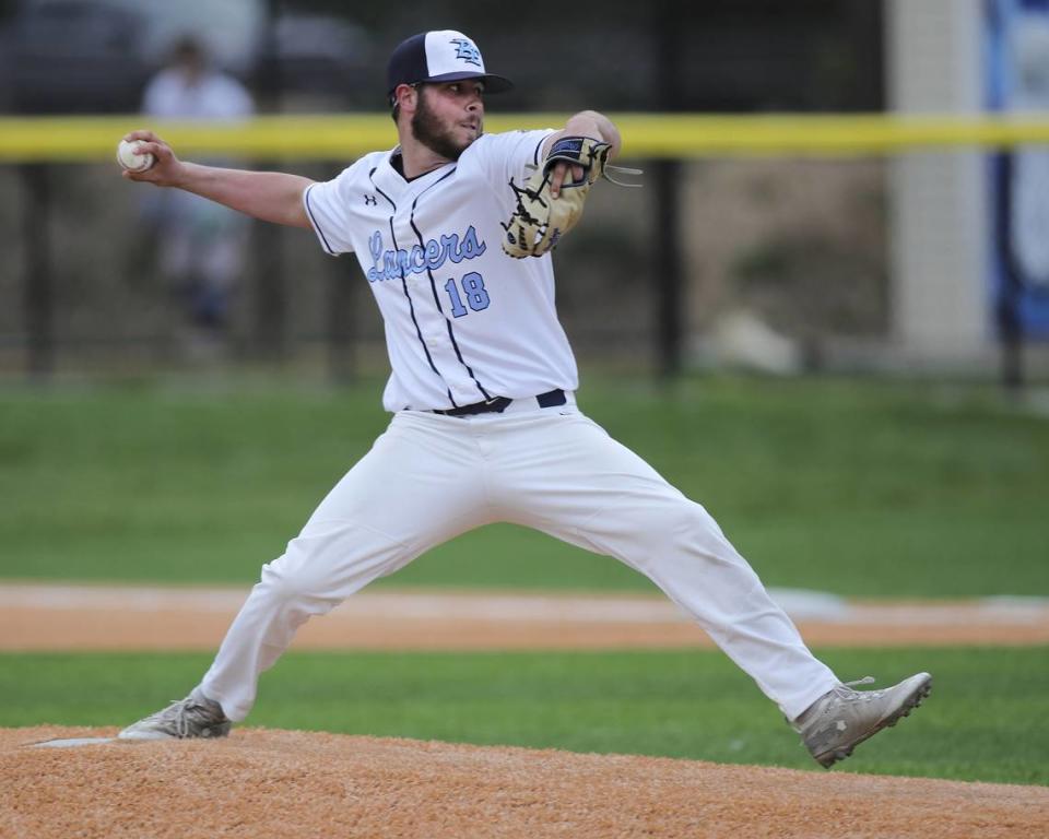 Belleville East’s Ean DiPasquale delivers a pitch during a Southwestern Conference game against Belleville West earlier this season. DiPasquale— who earned the save in that game — is one of the key hurlers on a talented Lancers pitching staff.