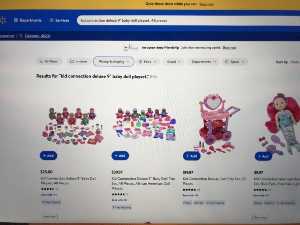 Screenshot from <strong>Asheria Brown</strong>, of the Walmart doll pricing discrepancy of a Kid Connection 48 Piece doll set. The Kentucky mother said that the Black doll set is 14 dollars and 97 cents more expensive than the white one. The pricing has since been corrected. (Photo Credit: Asheria Brown/<em>WCPO Cinncinati</em>/Walmart.com)