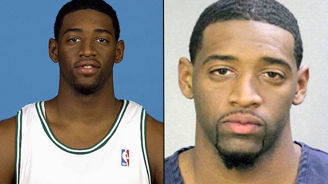 Orien Greene's NBA headshot then, and Orien Greene's Fla. mugshot now.