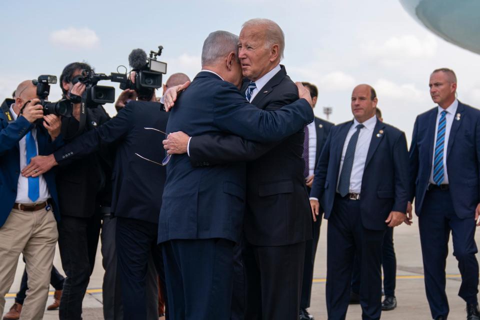 Prime Minister Benjamin Netanyahu hugs Joe Biden