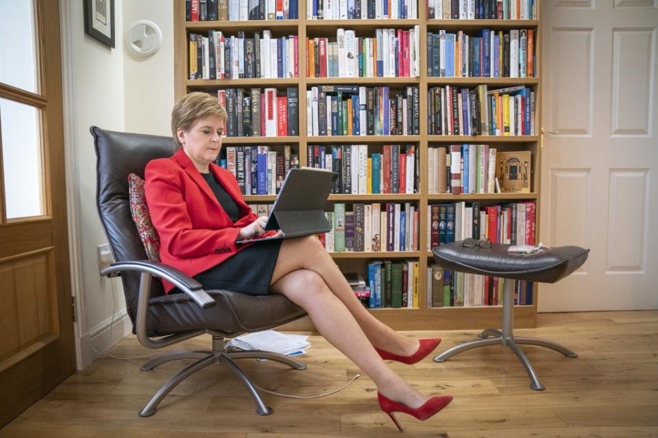 Nicola Sturgeon at her home in Glasgow preparing her speech (Jane Barlow/PA) (PA Wire)