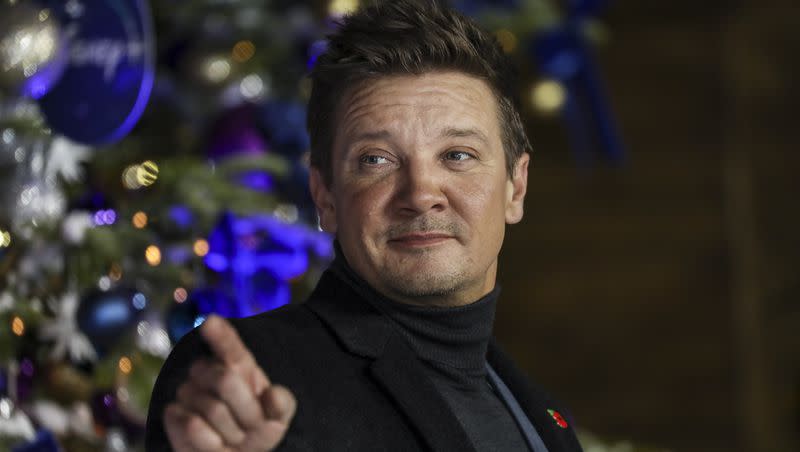 Jeremy Renner poses for photographers upon arrival at the UK Fan Screening of the film “Hawkeye.” Renner opens up about his life-threatening snowplow accident in an interview with Diane Sawyer airing April 6 on ABC. 