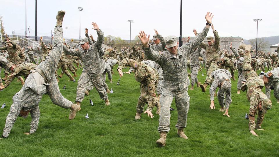 Cadets at the U.S. Military Academy attempt to break the Guinness World Record for the greatest number of people performing simultaneous cartwheels. (Eric Bartelt/Army)