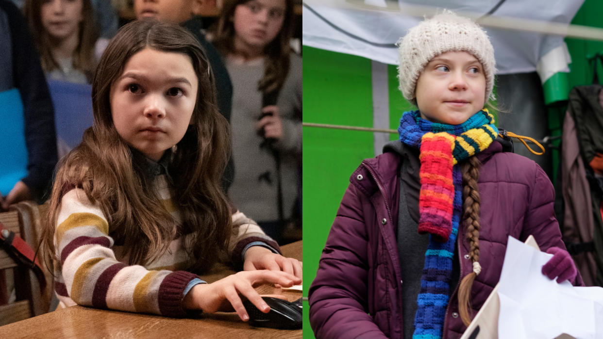 Brooklynn Prince in 'Home Before Dark' and teenage climate activist Greta Thunberg. (Credit: Apple/Thierry Monasse/Getty Images)