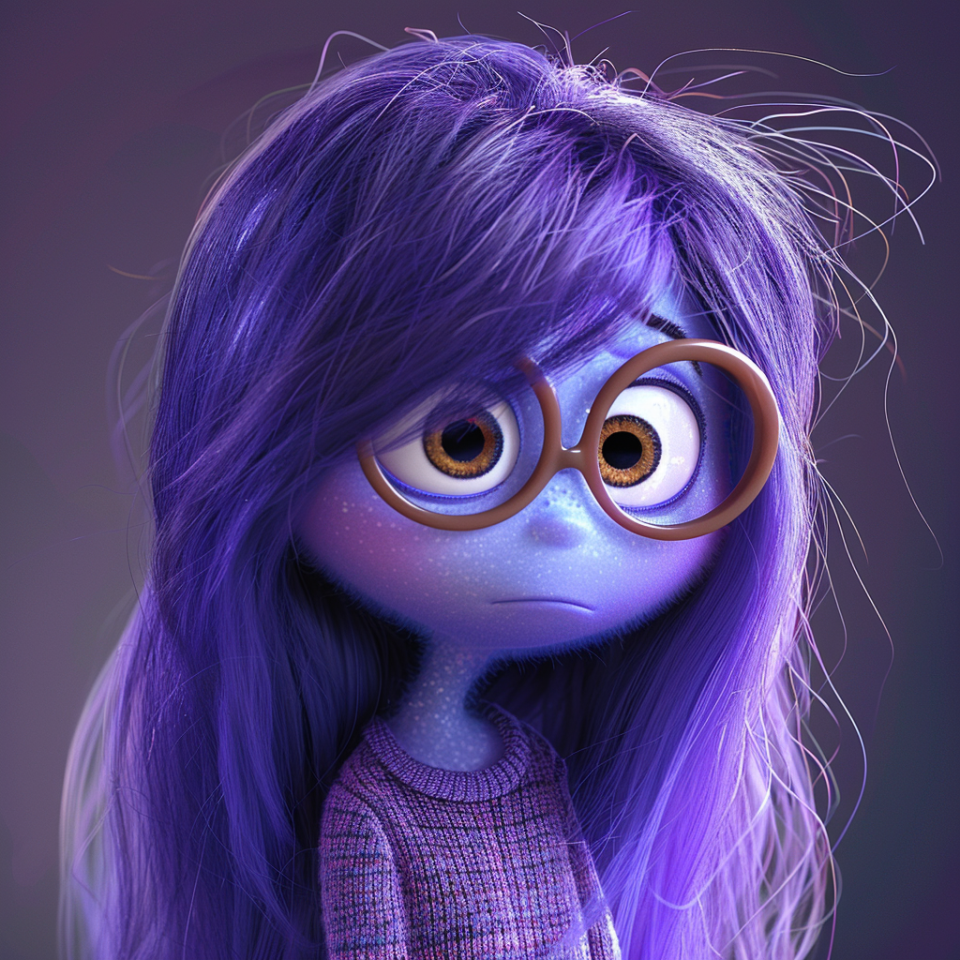 Animated character Sadness from "Inside Out" with large round glasses and long, disheveled hair, looking thoughtful