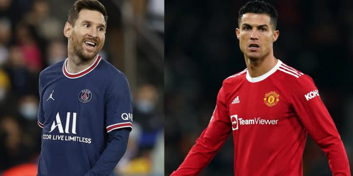 Composite image of Cristiano ronaldo playing for Manchester United and Lionel Messi playing for Paris Saint-Germain. December 2021. Credit: PA Images