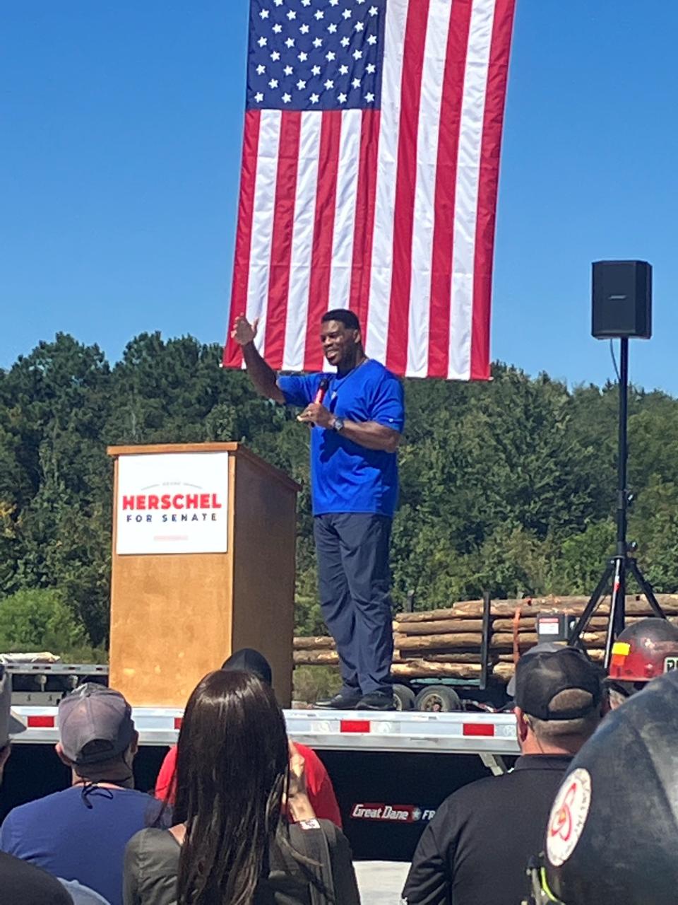 Walker addresses the crowd on Thursday, Oct. 6, in Wadley, Georgia, before speaking briefly with reporters about reporting that he paid for a former girlfriend's abortion.