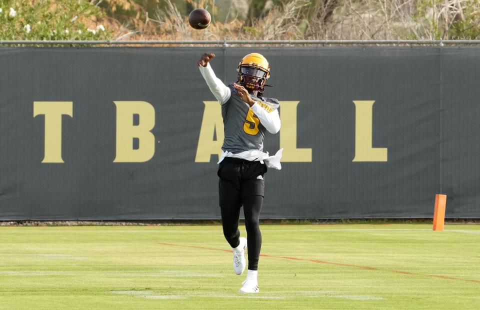 Aug 3, 2022; Tempe, Arizona, USA; Arizona State quarterback Emory Jones (5) during workouts at the Kajikawa practice field.