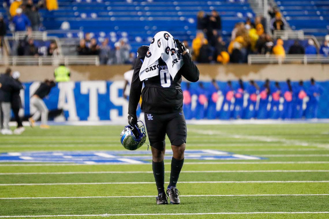 Kentucky star defensive tackle Deone Walker (0) walked off the field after UK lost 38-21 to Missouri two weeks ago. Walker was terrific in the game with seven tackles, six of them solo, plus four tackles for loss and a quarterback sack.
