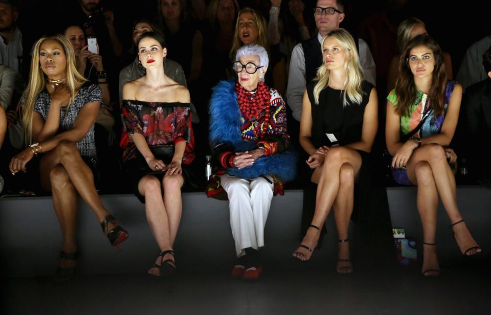 Iris Apfel, centre, with models and businesswomen during Spring 2016 New York Fashion Week