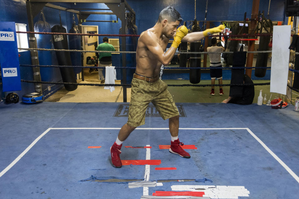 Jerry Perez, of Oak Hills, shadow boxes during a workout in 2018 at the High Desert Boxing Club in Victorville. Perez will square off against Joseph Diaz Jr. in San Antonio on Saturday night in a 135-pound 10-round bout.