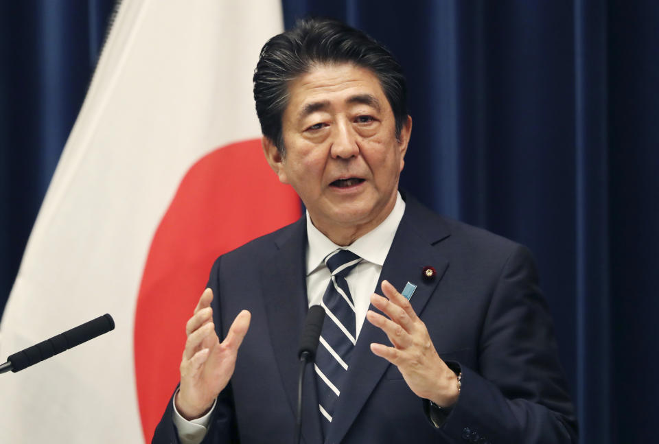 Japanese Prime Minister Shinzo Abe speaks during a press conference at Abe's official residence in Tokyo, Wednesday, June 26, 2019. Abe has pledged to seek a consensus on free trade and other contentious issues at this week's summit of the Group of 20 countries in Osaka. (AP Photo/Koji Sasahara)