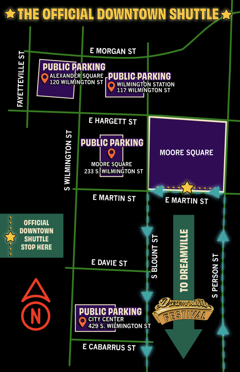 The official Dreamville Fest shuttle begins at Moore Square in downtown Raleigh along E. Martin Street. There is a public parking deck at 429 S. Wilmington Street. This map shows where the shuttle will take festival-goers and other parking options near the pick-up point.