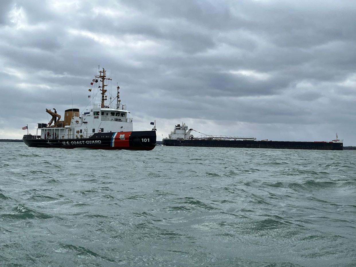 The Coast Guard Cutter Katmai Bay is on scene assisting the American Mariner on the St. Marys River.