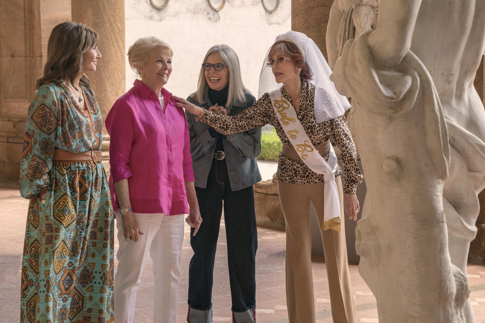 This image released by Focus Features shows Mary Steenburgen, Candice Bergen, Diane Keaton, and Jane Fonda in "Book Club: The Next Chapter." (Riccardo Ghilardi/Focus Features via AP)