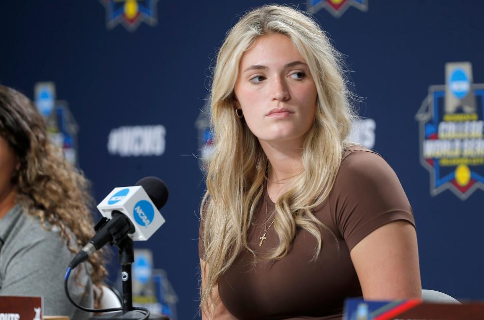 Alabama pitcher Montana Fouts speaks during a press conference for All-Americans at the Women's College World Series at USA Softball Hall of Fame Stadium in Oklahoma City, Wednesday, May, 31, 2023. 