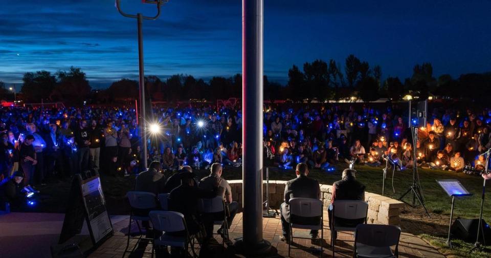 Hundreds of people gather for a vigil in honor of Ada County Sheriff’s Deputy Tobin Bolter, who was killed in the line of duty this past weekend. Members of the law enforcement community, friends, and supporters met at Hunter’s Creek Sports Park Tuesday in Star.