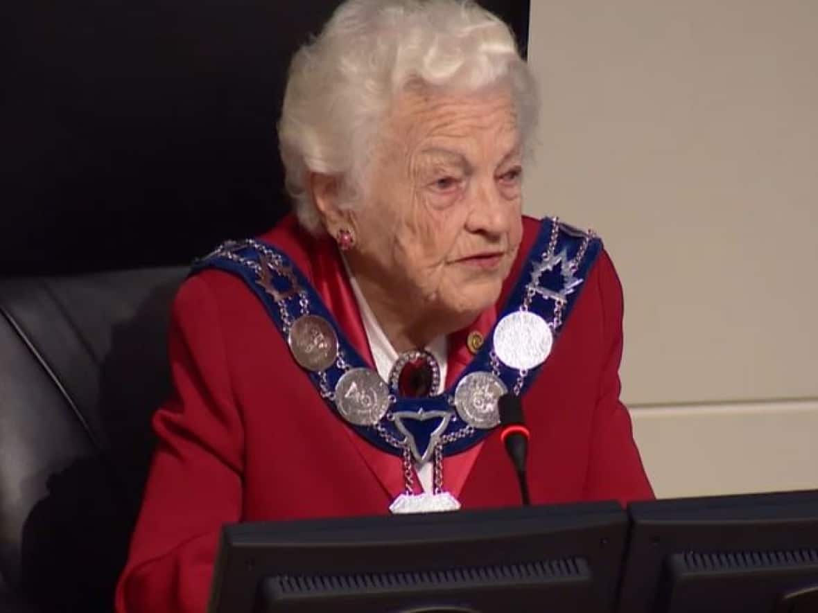 Mayor Hazel McCallion is shown at age 93, on Nov. 26, 2014, as she presides over her last City of Mississauga council meeting, before handing over the reins to incoming mayor Bonnie Crombie. McCallion, who served as the city's mayor from 1978 to 2014, died on Sunday at the age of 101. (CBC - image credit)