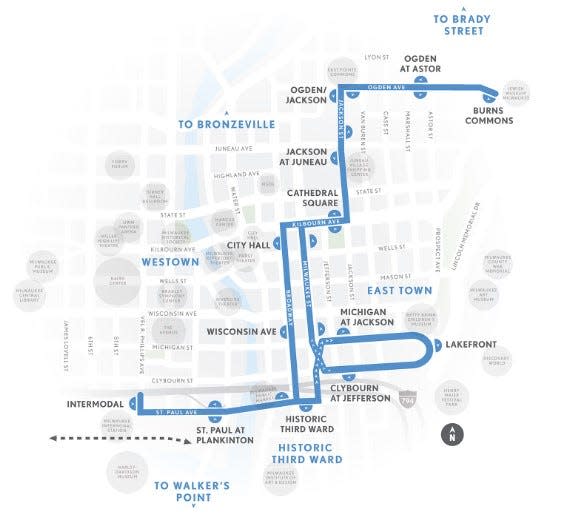 A map showing The Hop streetcar's temporary Festivals Line which merges the existing M- and L-Lines and will run each day of Summerfest 2024.