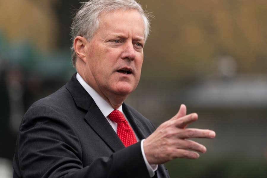 FILE – White House chief of staff Mark Meadows speaks with reporters at the White House, Oct. 21, 2020, in Washington. (AP Photo/Alex Brandon, File)