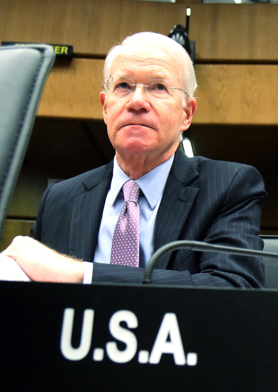 Joseph E. Macmanus, permanent U.S. Representative to the United Nations waits for the start of the IAEA board of governors meeting at the International Center in Vienna, Austria, Monday, March 3, 2014. (AP Photo/Ronald Zak)