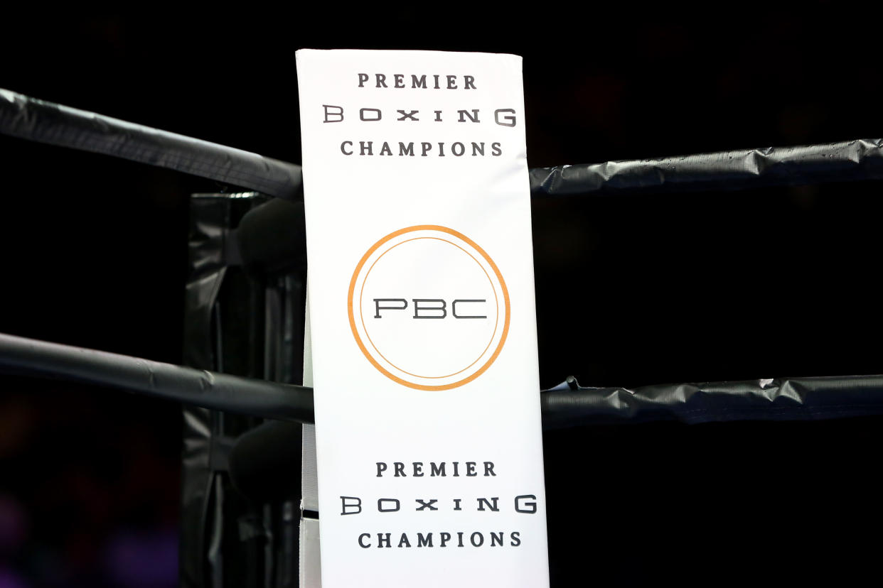 The Premier Boxing Champions logo is seen in the ring at the Barclays Center in Brooklyn, on Saturday, August 1, 2015. (AP Photo/Gregory Payan)