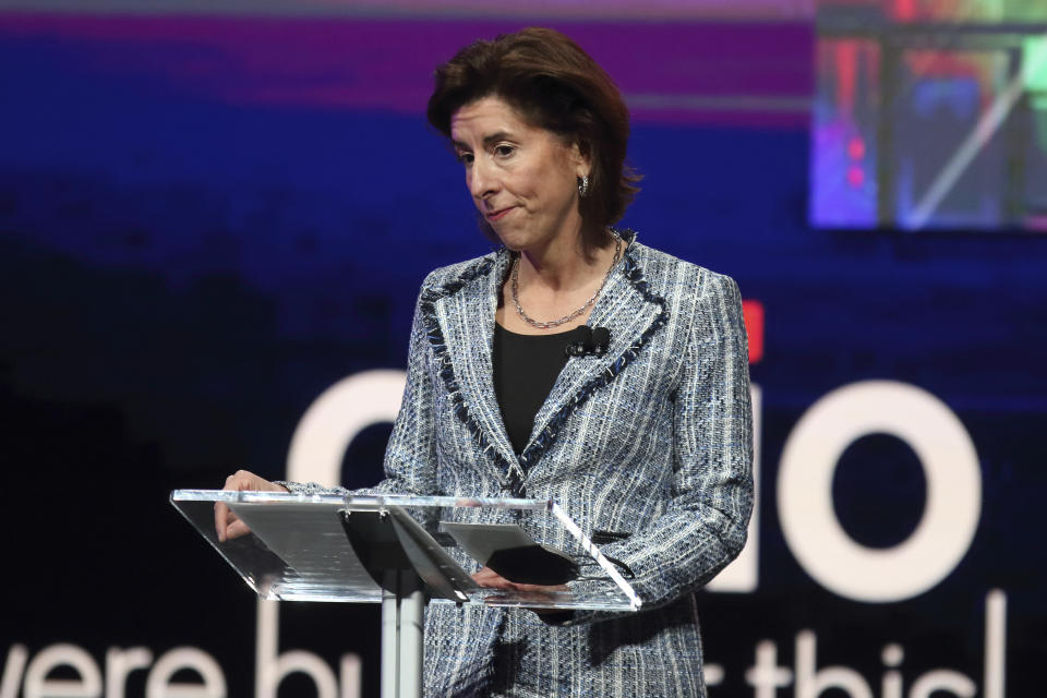 U.S. Secretary of Commerce Gina Raimondo speaks during the announcement on Friday Jan. 21, 2022 in Newark, Ohio, that Intel will invest $20 billion to build two computer chip factories on a 1,000-acre site in Licking County, Ohio, just east of Columbus. (AP Photo/Paul Vernon)