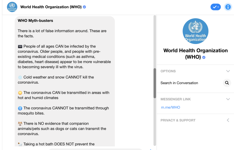 The WHO's bot on Messenger debunks misinformation about the coronavirus.