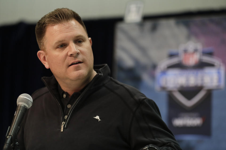 FILE - In this Feb. 27, 2019, file photo, Green Bay Packers general manager Brian Gutekunst speaks during a press conference at the NFL football scouting combine in Indianapolis. The potential challenges inherent in the NFL draft’s virtual format became apparent Monday, April 20, 2020, as Gutekunst conducted a conference call with reporters. Gutekunst was about to answer a question when a technical issue caused him to get dropped from the call for about a minute. (AP Photo/Michael Conroy, File)