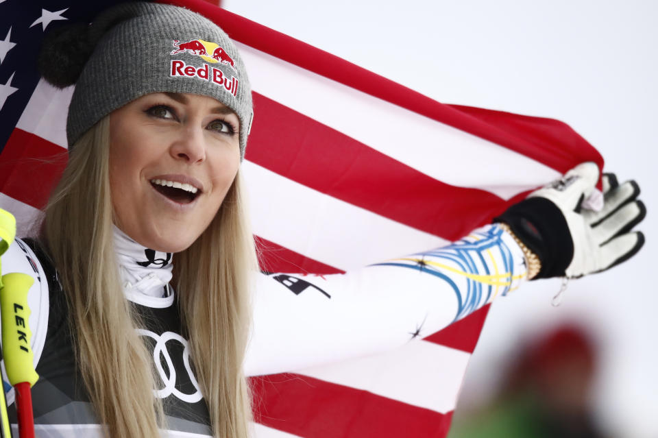 Lindsey Vonn of the U.S. celebrates. REUTERS/Christian Hartmann