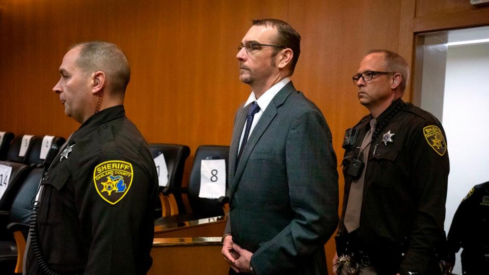 PHOTO: James Crumbley, father of Oxford High School shooter Ethan Crumbley, re-enters the courtroom after a break on the first day of his trial on four counts of involuntary manslaughter, on March 7, 2024 at Oakland County Circuit Court in Pontiac, Mich. (Bill Pugliano/Getty Images)