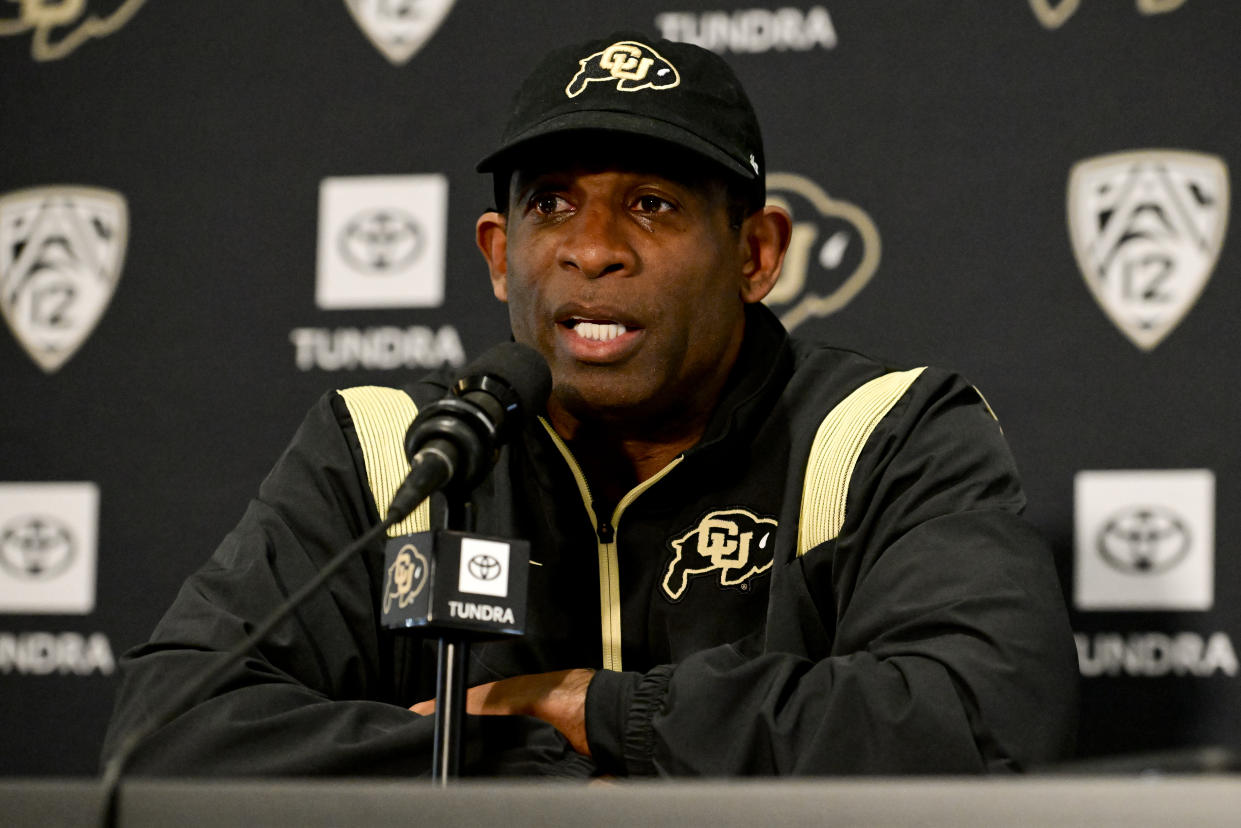 BOULDER, CO - FEBRUARY 1:Colorado Buffaloes head football coach Deion Sanders speaks to members of the media about National Signing Day during a press conference at the Dal Ward Athletic Center in Boulder on Wednesday, Feb. 1, 2023. Sanders spoke about signing new players to the football team for the upcoming season. (Photo by Matthew Jonas/MediaNews Group/Boulder Daily Camera via Getty Images)