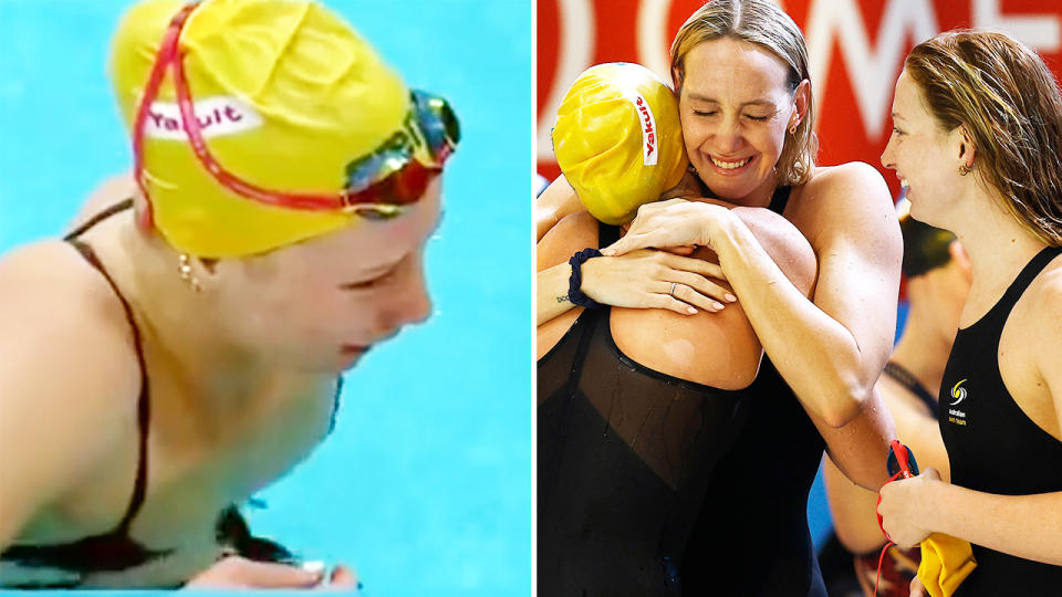 Mollie O'Callaghan, pictured here in immense pain before helping Australia win gold in the 4x200m freestyle relay at the short course world swimming championships.