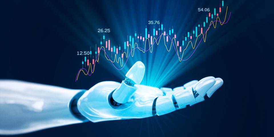 Robot showing stock market financial growth chart