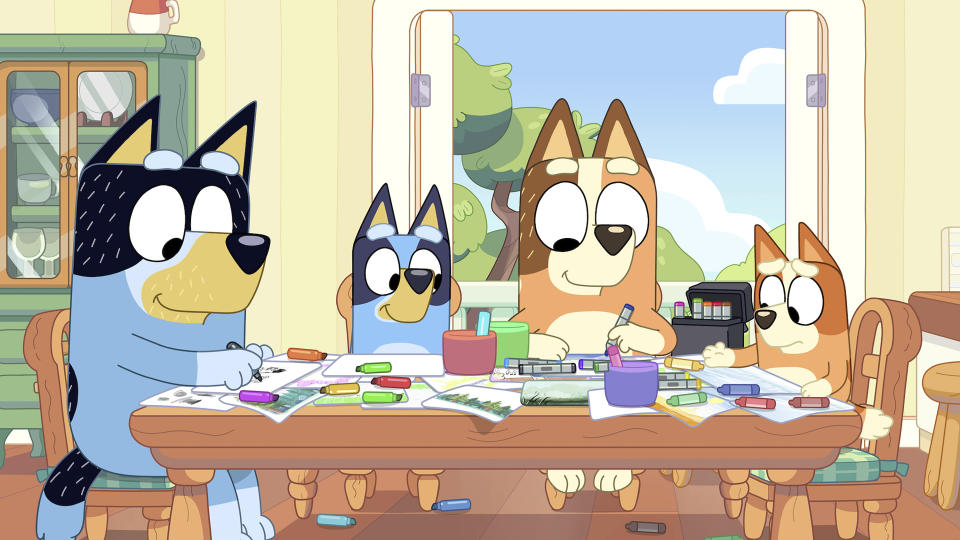 This image released by Disney+ shows a scene from the television series "Bluey." (Disney+ via AP)