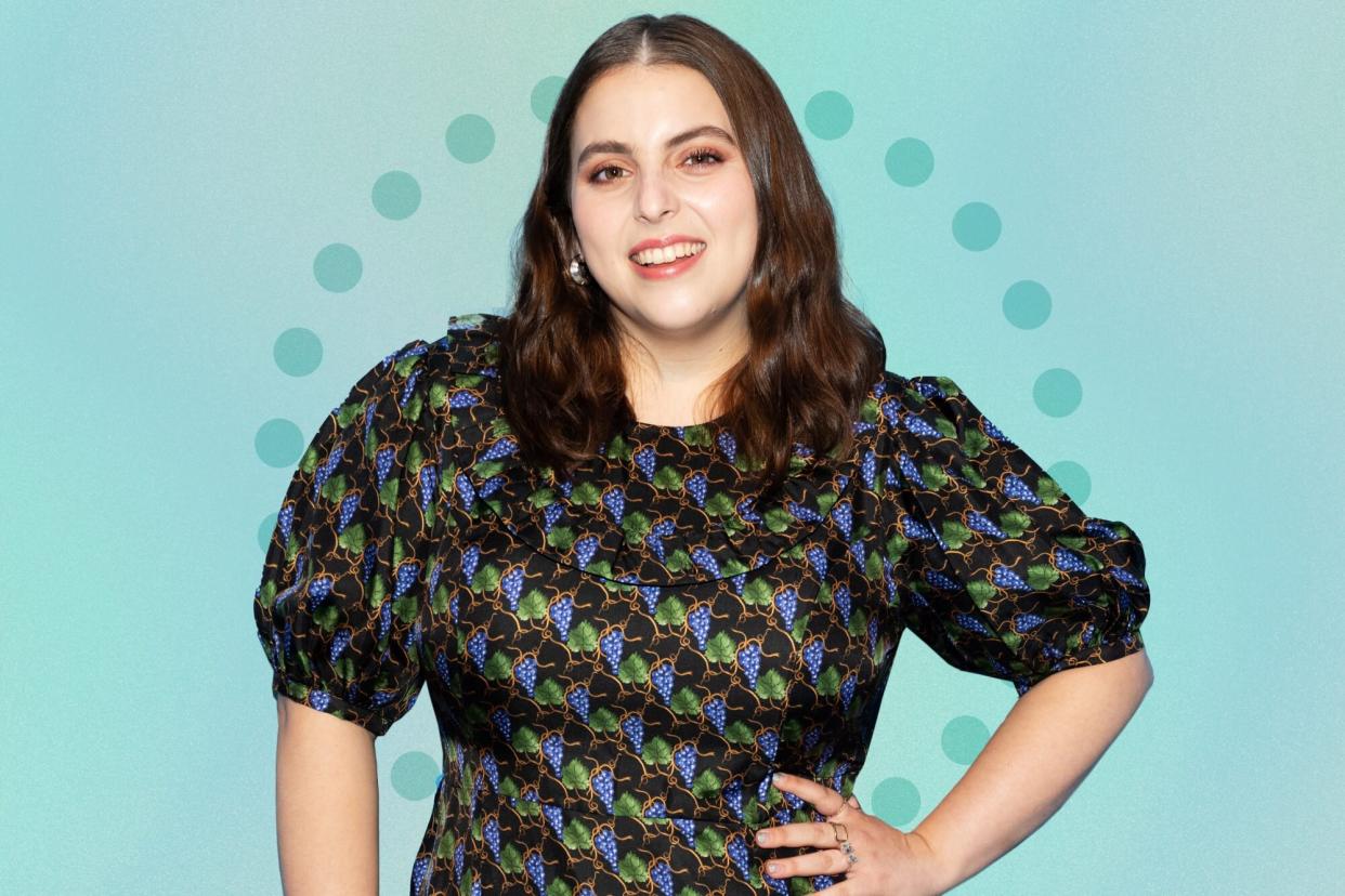 Beanie Feldstein attends 'Variety LEGIT!: Return to Broadway' at Second on October 12, 2021 in New York City against teal background