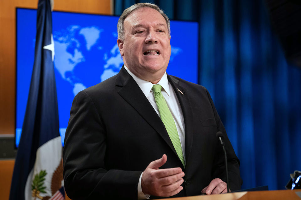 Secretary of State Mike Pompeo speaks during a press briefing at the State Department on Wednesday, May 20, 2020, in Washington. (Nicholas Kamm/Pool Photo via AP)