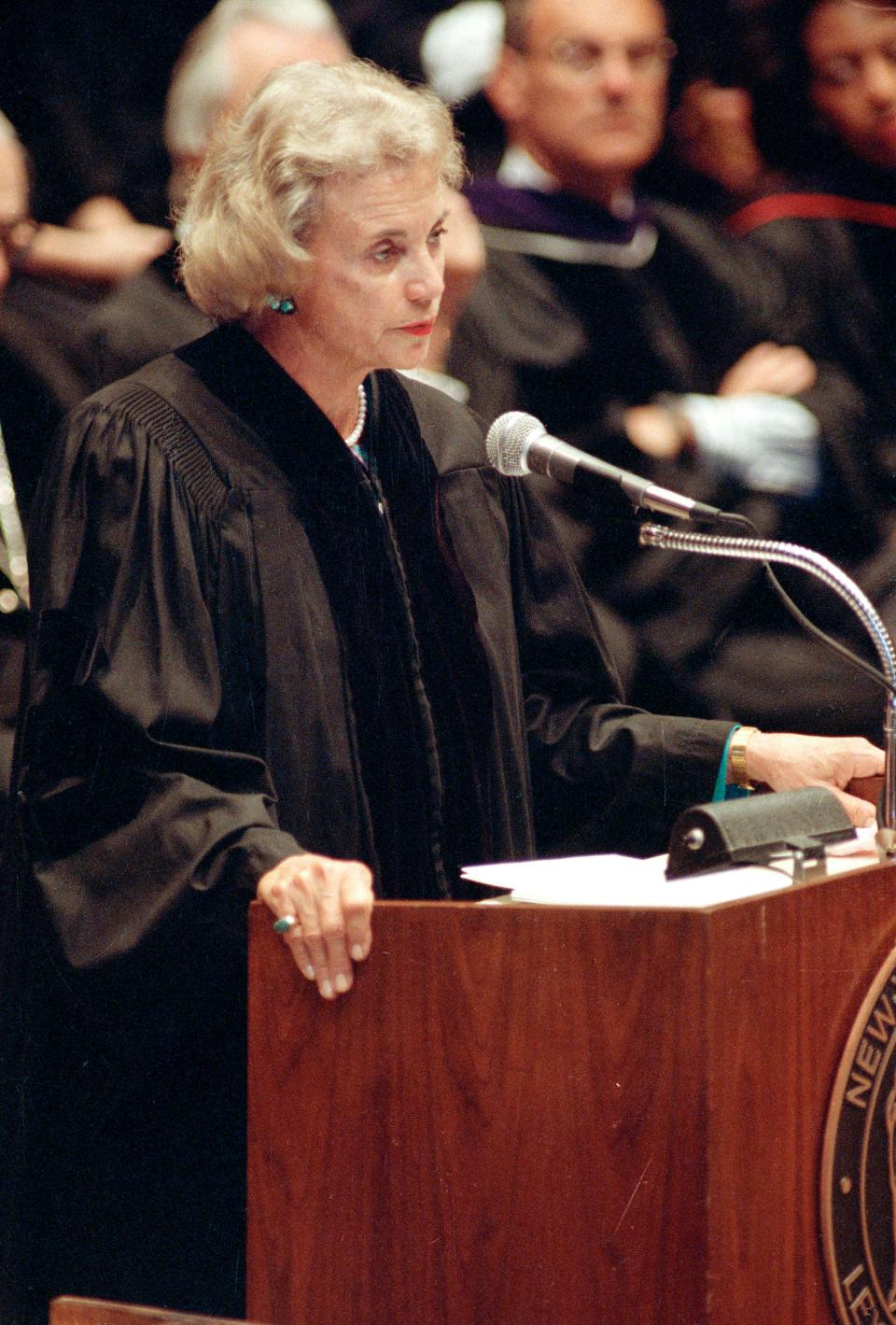 Supreme Court Justice Sandra Day O'Connor delivers the commencement address at New York Law School's 100th graduation ceremony in Manhattan on June 10, 1992.  Justice O'Connor also received an honorary doctor of law degree during the ceremony.