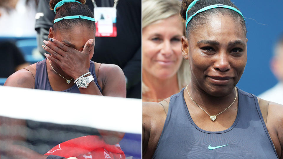 Serena Williams couldn't hold back the tears in devastating scenes at the Rogers Cup. Image: Getty