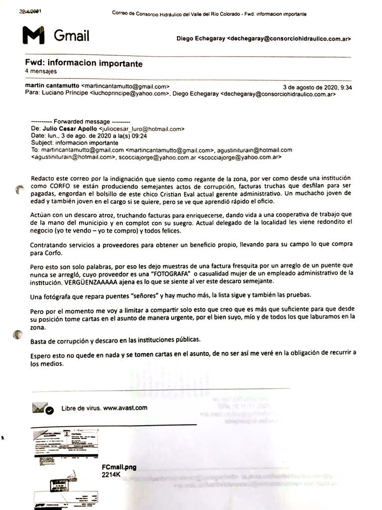 El email anónimo que llegó al Consejo Hidráulico denunciando las facturas truchas en Corfo