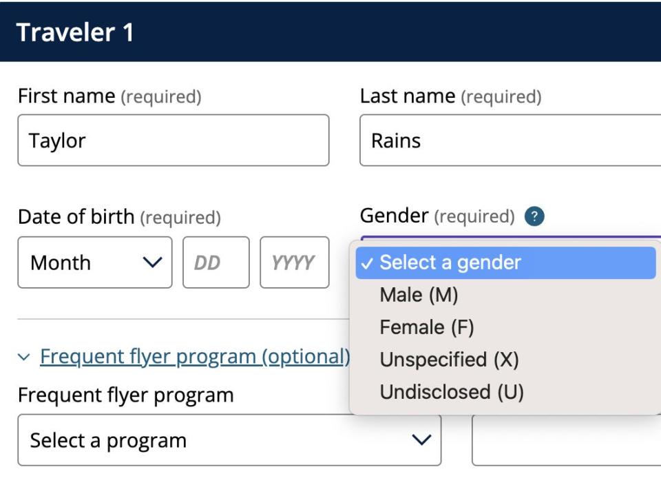 Screenshot of United's booking site with gender-neutral options.