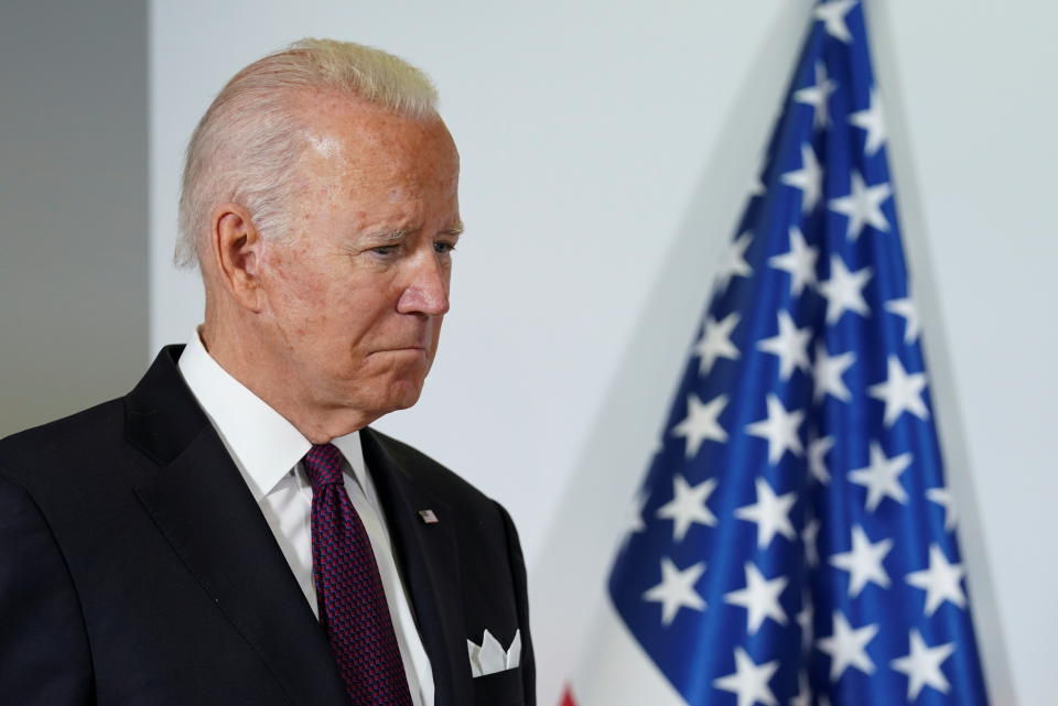 U.S. President Joe Biden looks on during a joint statement with European Commission's President Ursula von der Leyen about steel and aluminium tariffs, on the sidelines of the G20 leaders' summit in Rome, Italy October 31, 2021. REUTERS/Kevin Lamarque