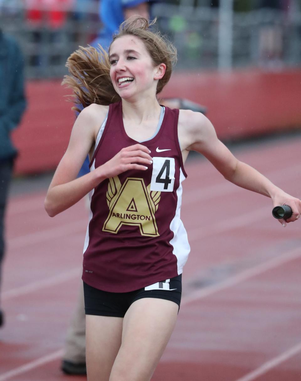 Arlington's Samantha Guckian ran the anchor leg of the winning 4x1600 relay at the Somers Joe Wynne track and field invitational May 6, 2022.