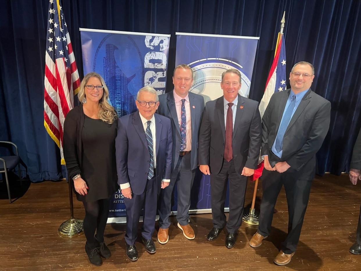Canton Local School District Superintendent Brett Yeagley, Treasurer Jason Schatzel, and South Stark Career Academy Director Krista Gearhart joined Governor Mike DeWine and Lt. Governor Jon Husted Friday as the governor announced nearly $200 million in funding to expand career tech programs in Ohio.